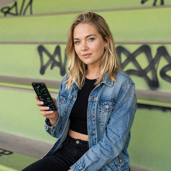 Golisimo Crypto Casino - Model mit Smartphone und Crypto-App auf Stadionbank mit Graffiti