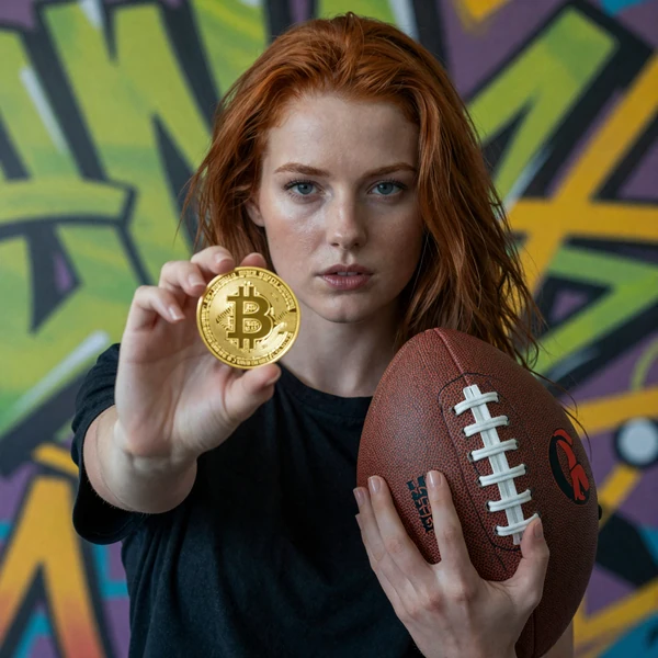 Golisimo Crypto Casino Bonus - Model mit leuchtendem Bitcoin und Fu&szlig;ball vor Neon-Graffiti-Wand