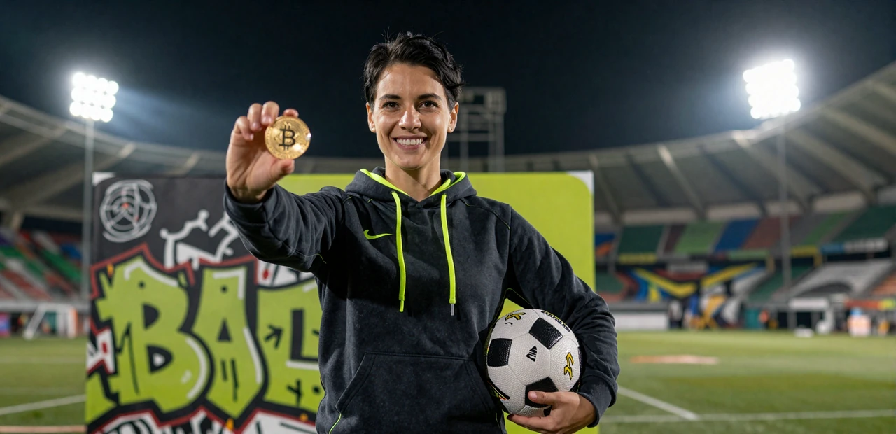 Golisimo Crypto Casino - Model mit leuchtender Krypto-M&uuml;nze und Fu&szlig;ball unter Stadionlichtern