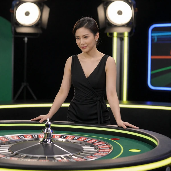 Golisimo Live Casino - professionelle Dealerin am Roulette-Tisch mit Lime-Neon-Akzenten unter Studiolicht
