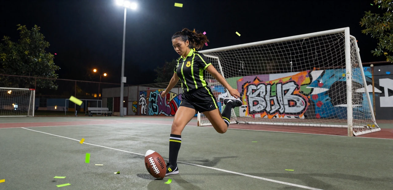 Golisimo Casino Willkommensbonus - Model im Schiedsrichter-Outfit kickt Fu&szlig;ball vor Graffiti-Tor unter Stadionlichtern