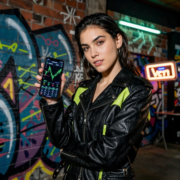 Golisimo Crypto Casino - Model mit Smartphone und Crypto-Charts vor Graffiti-Wand