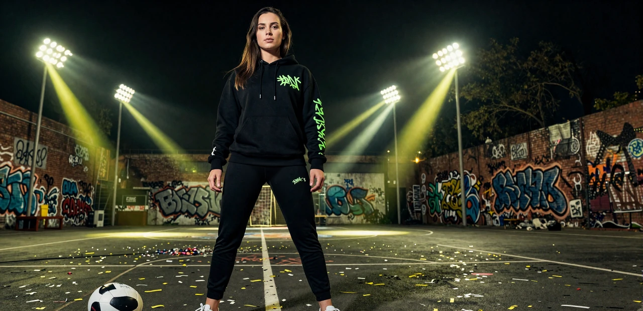 Golisimo Casino Online Casino Deutschland - Model auf urbaner Sportplatz mit Stadionlichtern und Fu&szlig;ball-Elementen